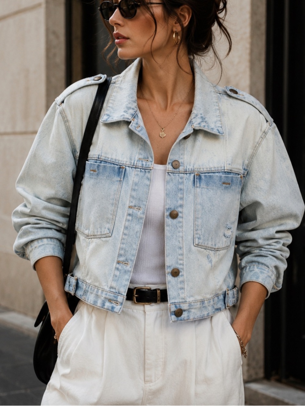 Mono B Vintage Light Wash Cropped Denim Jacket Oversized Streetwear Distressed